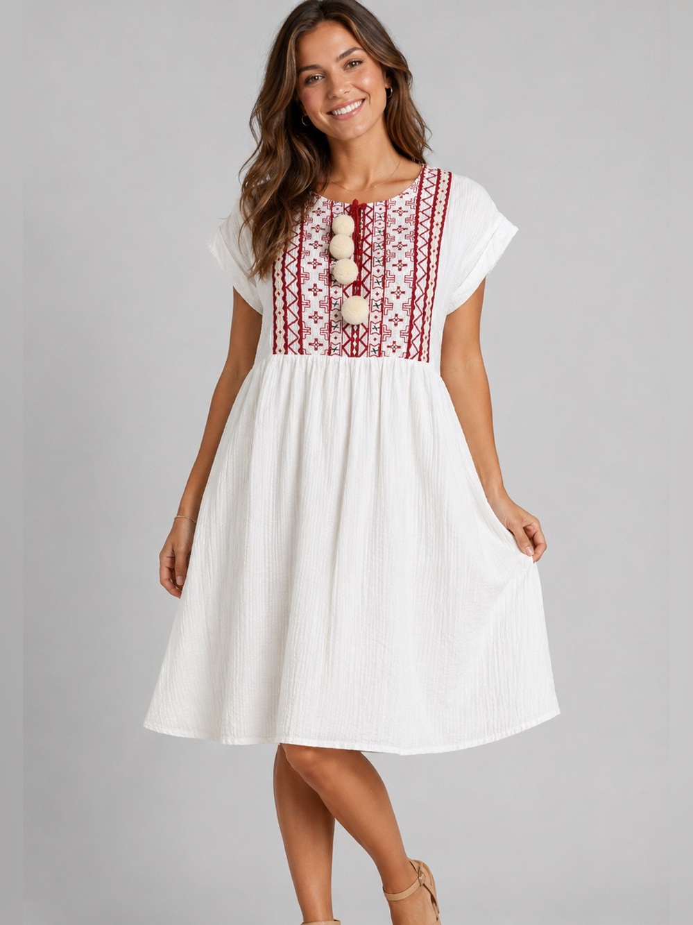 Chelsea & Violet Boho Embroidered Cotton Dress XS | Tassel Pom Pom Folk Style